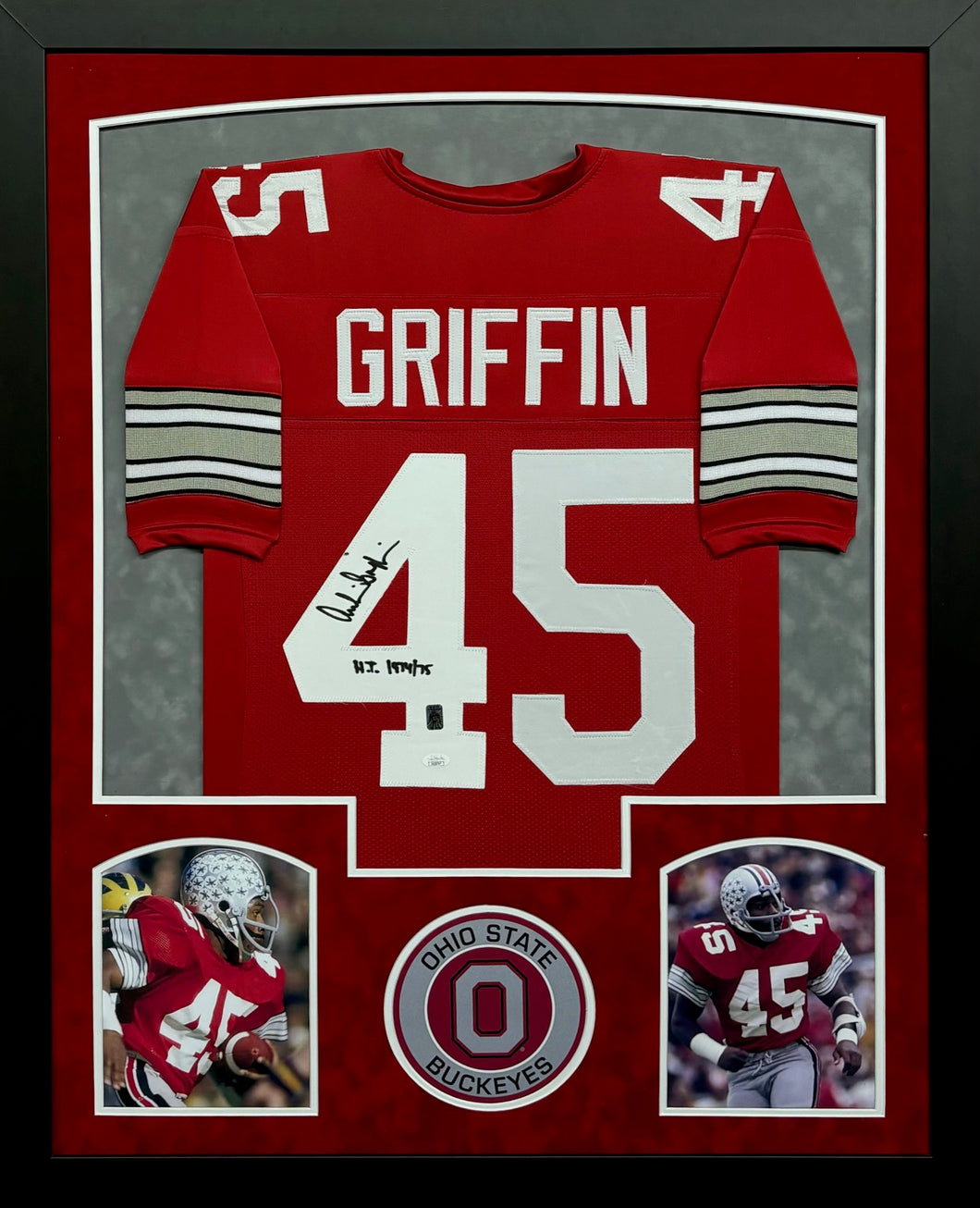 The Ohio State University Archie Griffin Hand Signed Autographed Custom Red Jersey with H.T. 1974/75 Inscription Framed & Double Suede Matted with Heisman Hologram & JSA COA