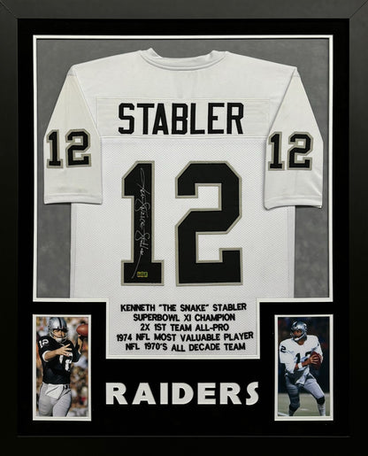 Oakland Raiders Ken "The Snake" Stabler Hand Signed Autographed White Stat Jersey Framed & Double Suede Matted with Team Name Cutout RADKE SPORTS COA
