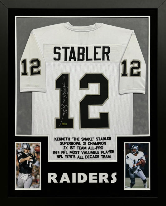 Oakland Raiders Ken "The Snake" Stabler Hand Signed Autographed White Stat Jersey Framed & Double Suede Matted with Team Name Cutout RADKE SPORTS COA