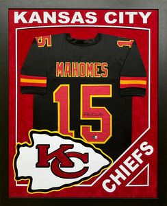 Kansas City Chiefs Patrick Mahomes Hand Signed Autographed Custom Black Jersey Framed & Double Suede Matted with XL 3D Logo & Team Name Cutout BECKETT COA