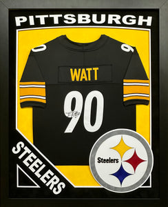 Pittsburgh Steelers T.J. Watt Hand Signed Autographed Black Jersey Framed & Double Suede Matted with XL 3D Logo & Team Name Cutout JSA COA TJ