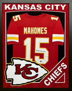 Kansas City Chiefs Patrick Mahomes Hand Signed Autographed Custom Red Jersey Framed & Double Suede Matted with XL 3D Logo & Team Name Cutout BECKETT COA