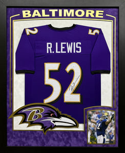 Baltimore Ravens Ray Lewis Hand Signed Autographed Purple Jersey Framed & Double Suede Matted with XL 3D Logo & Team Name Cutout JSA COA