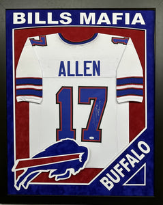 Buffalo Bills Josh Allen "Bills Mafia" Hand Signed Autographed White Custom Jersey Framed & Double Suede Matted with XL 3D Team Logo "Bills Mafia" Cut Out with COA