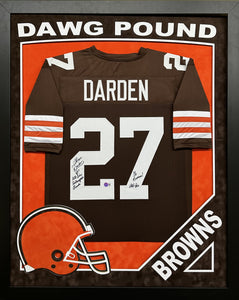 Cleveland Browns Thom Darden Hand Signed Autographed Custom Brown Jersey Framed & Double Suede Matted with Inscription & "Dawg Pound" Cut Out with Beckett COA