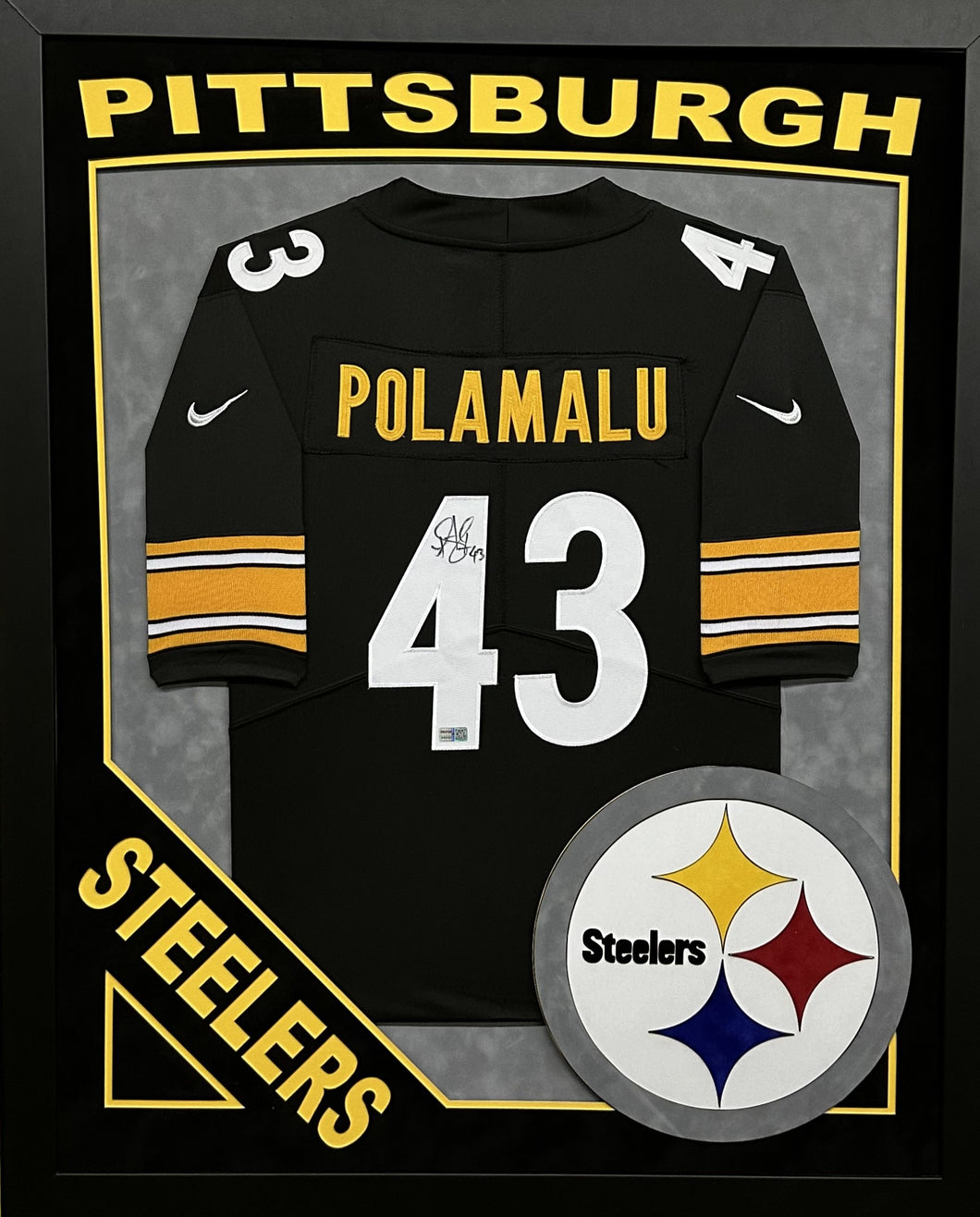 Pittsburgh Steelers Troy Polamalu Hand Signed Autographed Custom Black Jersey Framed & Double Suede Matted with COA