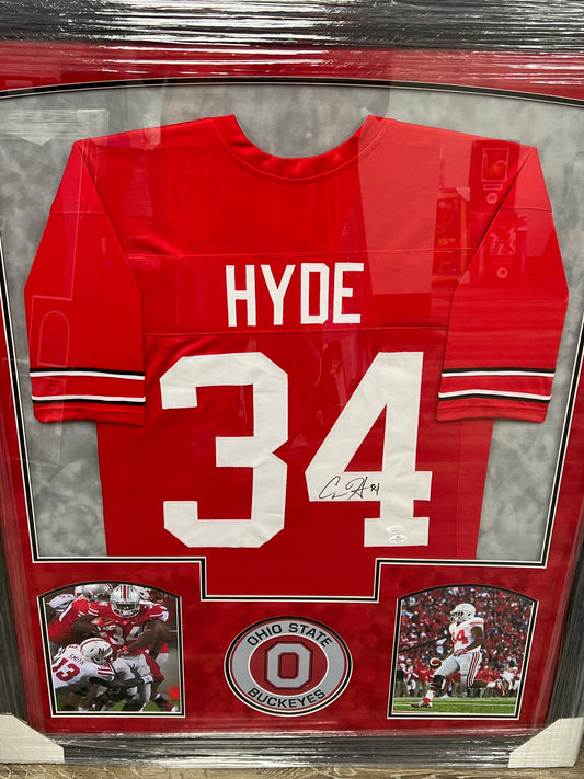 The Ohio State University Buckeyes Carlos Hyde Hand Signed Autographed Custom Red Jersey Framed & Suede Matted with JSA COA