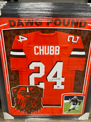 Cleveland Browns Nick Chubb Signed Orange Jersey Framed & Suede Matted with XL 3D Logo & Custom Cutout BECKETT COA