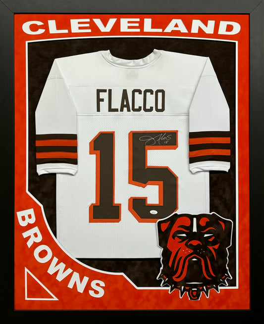 Cleveland Browns Joe Flacco Hand Signed Autographed Custom White Jersey Framed & Double Suede Matted with XL 3D Logo & Team Name Cutout JSA COA