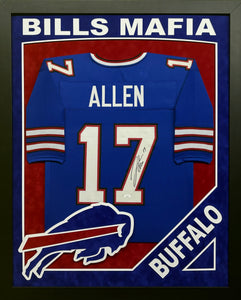 Buffalo Bills Josh Allen Hand Signed Autographed Custom Blue Jersey Framed & Double Suede Matted with XL 3D Logo & Team Name Cutout "Bills Mafia" Cut Out with JSA COA