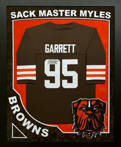 Cleveland Browns Myles Garrett Hand Signed Autographed Custom Brown Jersey Framed & Double Suede Matted with XL 3D Logo & Team Name Cutout with "Sack Master Myles" Cut Out JSA COA