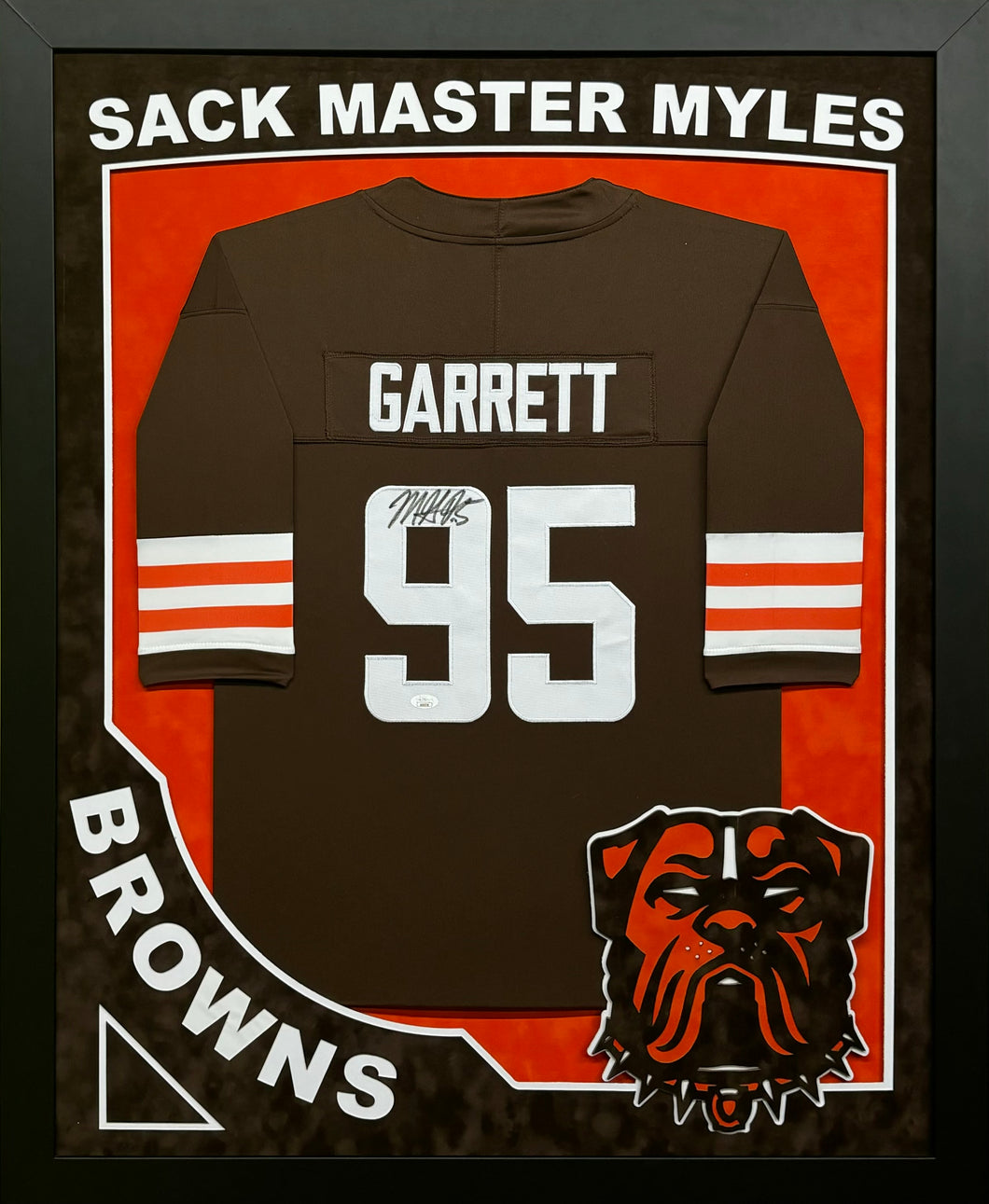 Cleveland Browns Myles Garrett Hand Signed Autographed Custom Brown Jersey Framed & Double Suede Matted with XL 3D Logo & Team Name Cutout with 