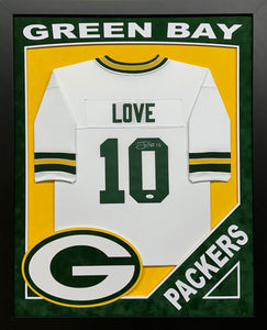 Green Bay Packers Jordan Love Hand Signed Autographed Custom White Jersey Framed & Double Suede Matted with XL 3D Logo & Team Name Cutout JSA COA