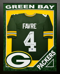 Green Bay Packers Brett Favre Hand Signed Autographed Custom Green Jersey with SB XXXI Champs! & '95, '96, '97 MVP Inscriptions Framed & Double Suede Matted with XL 3D Logo & Team Name Cutout JSA COA