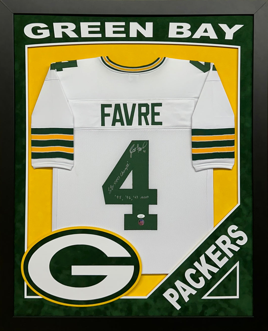 Green Bay Packers Brett Favre Hand Signed Autographed Custom White Jersey with SB XXXI Champs! & '95, '96, '97 MVP Inscriptions Framed & Double Suede Matted with XL 3D Logo & Team Name Cutout JSA COA