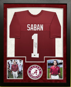 Alabama Crimson Tide Coach Nick Saban Hand Signed Autographed Maroon Custom Jersey Framed & Double Suede Matted with Beckett COA