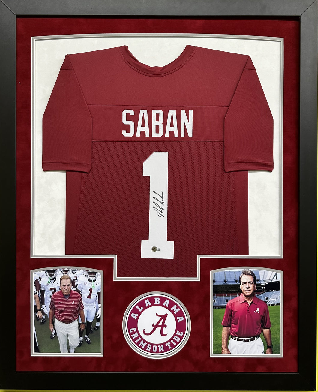 Alabama Crimson Tide Coach Nick Saban Hand Signed Autographed Maroon Custom Jersey Framed & Double Suede Matted with Beckett COA