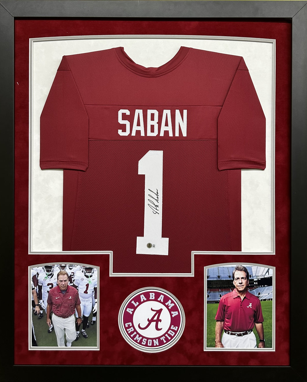 Alabama Crimson Tide Coach Nick Saban Hand Signed Autographed Custom Wine Jersey Framed & Double Suede Matted with Beckett COA