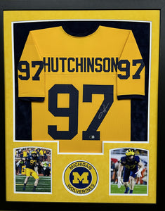 The Michigan Wolverines Aidan Hutchinson Hand Signed Autographed Custom Gold Jersey Framed & Double Suede Matted with Beckett COA