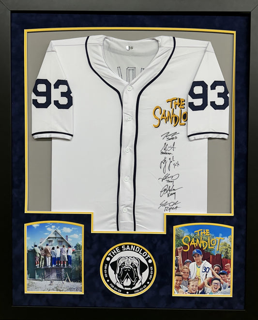The Sandlot Cast Hand Signed Autographed Custom White Jersey Framed & Suede Matted