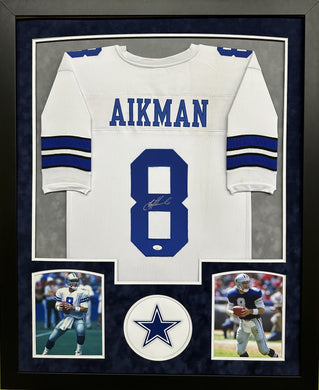 Dallas Cowboys Troy Aikman Hand Signed Autographed Custom White Jersey Framed & Double Suede Matted with COA