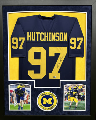 The Michigan Wolverines Aidan Hutchinson Hand Signed Autographed Custom Blue Jersey Framed & Double Suede Matted with Beckett COA