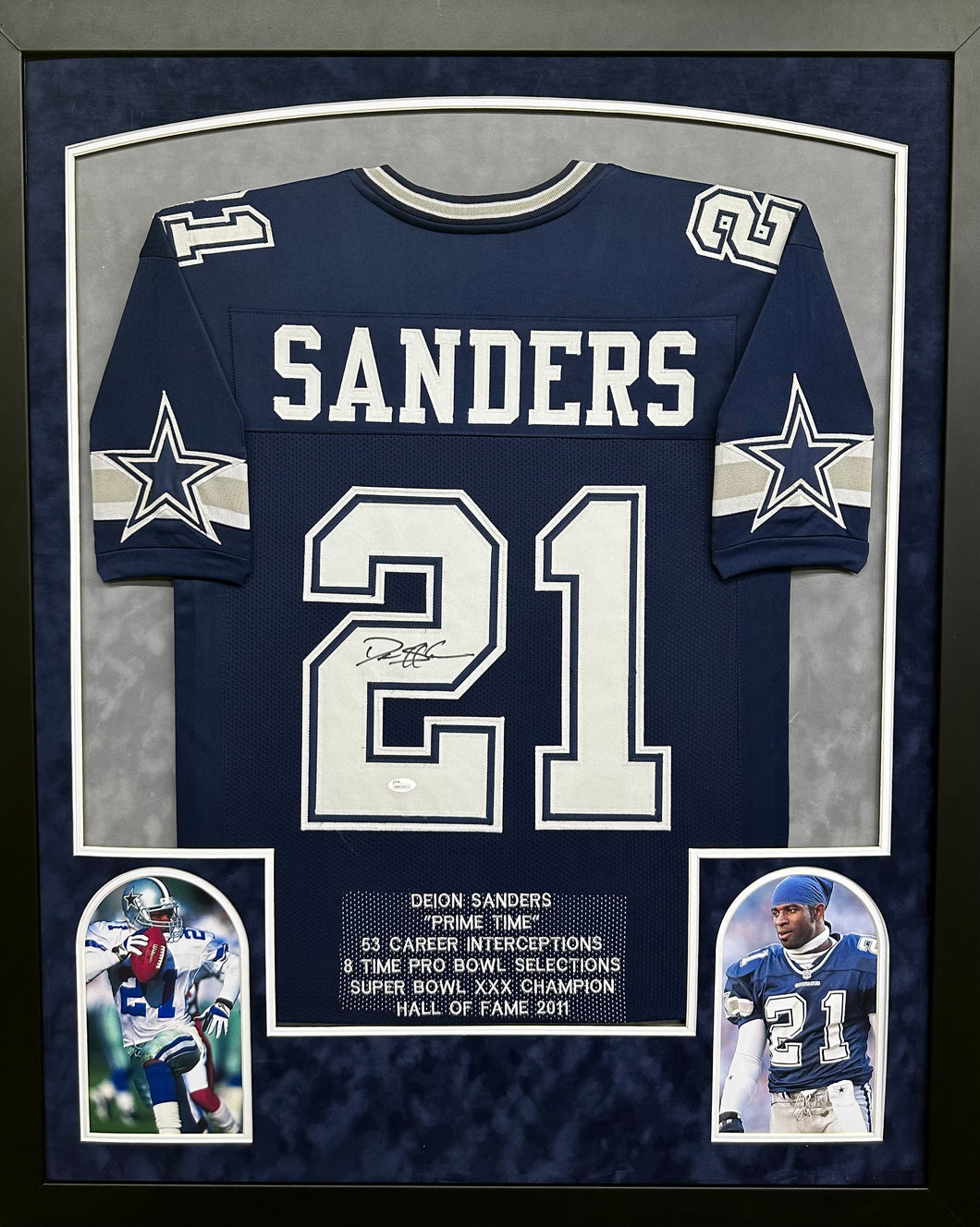 Dallas Cowboys Deion Sanders Hand Signed Autographed Custom Navy Blue Stat Jersey Framed & Double Suede Matted with JSA COA