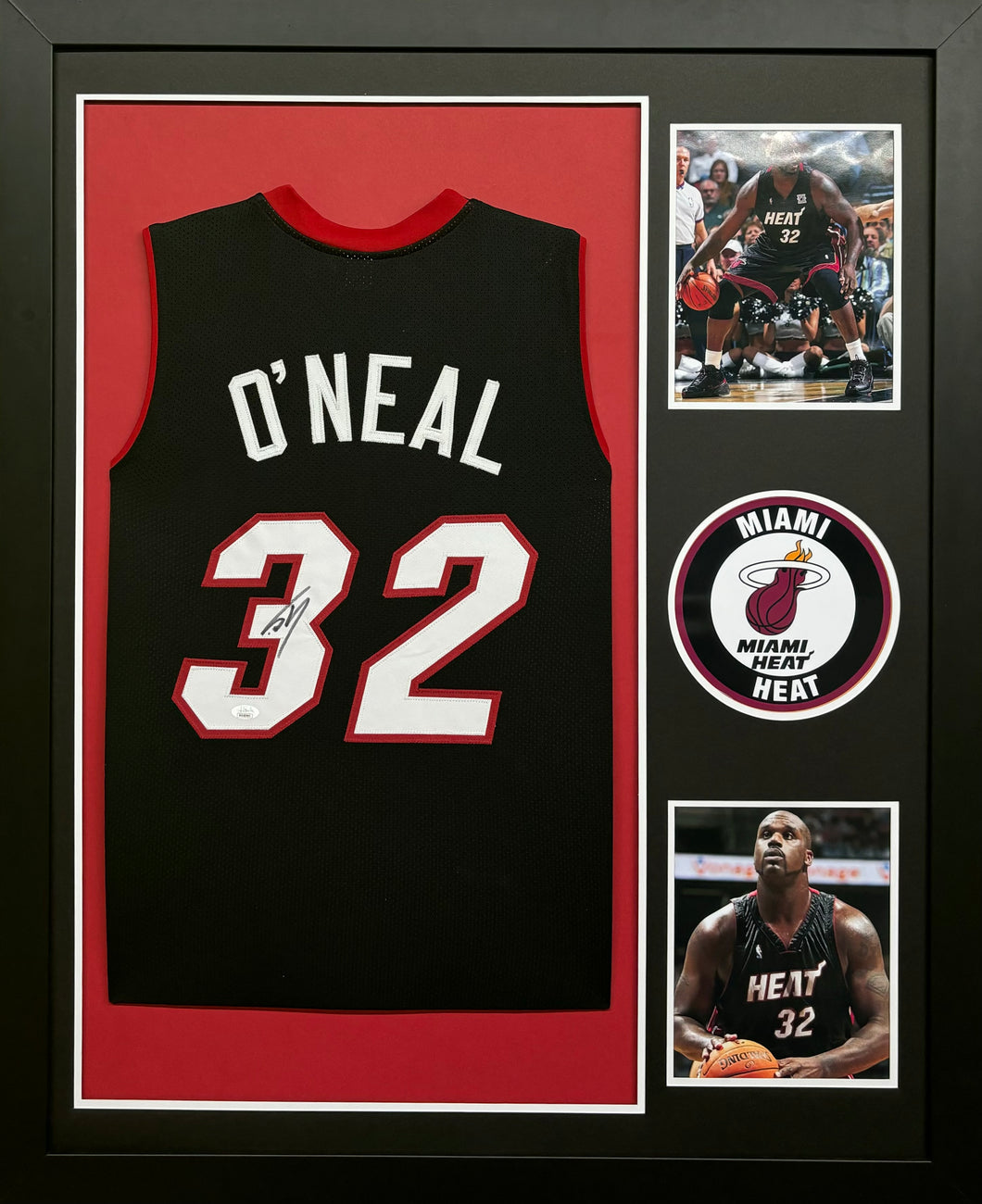 Miami Heat Shaquille O'Neal Hand Signed Autographed Custom Black Jersey Framed & Double Suede Matted with JSA COA