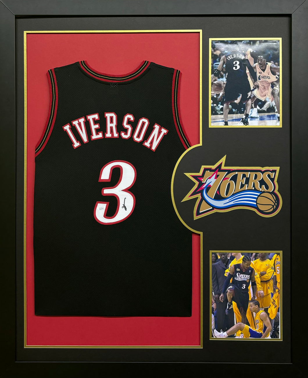 Philadelphia 76ERS Allen Iverson Hand Signed Autographed Custom Black Jersey Framed & Double Suede Matted with JSA COA