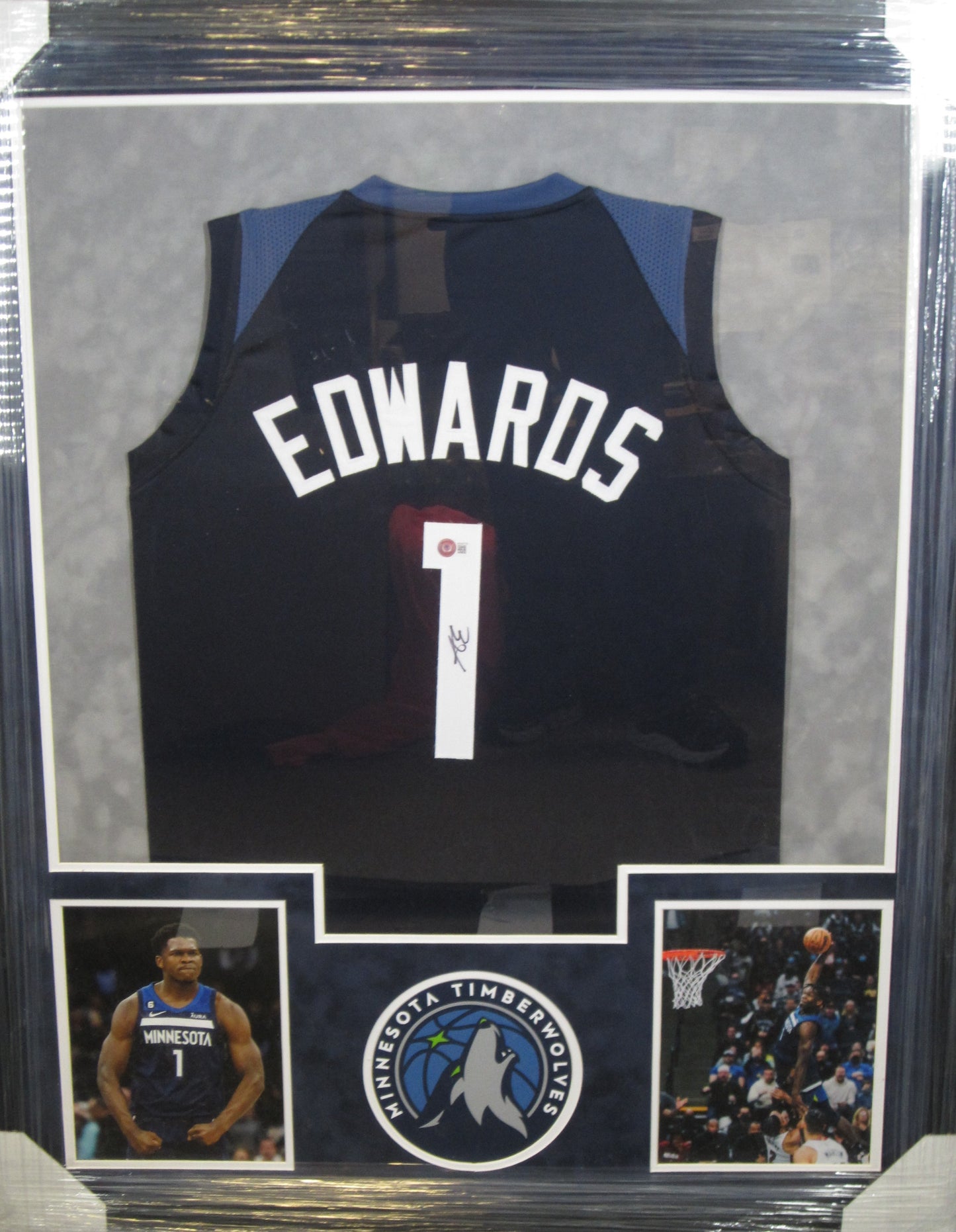 Minnesota Timberwolves Anthony Edwards Hand Signed Autographed Custom Blue Jersey Framed & Suede Matted with BECKETT COA