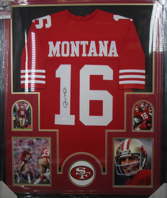 San Francisco 49ers Joe Montana Hand Signed Autographed Red Jersey Framed & Matted with JSA COA