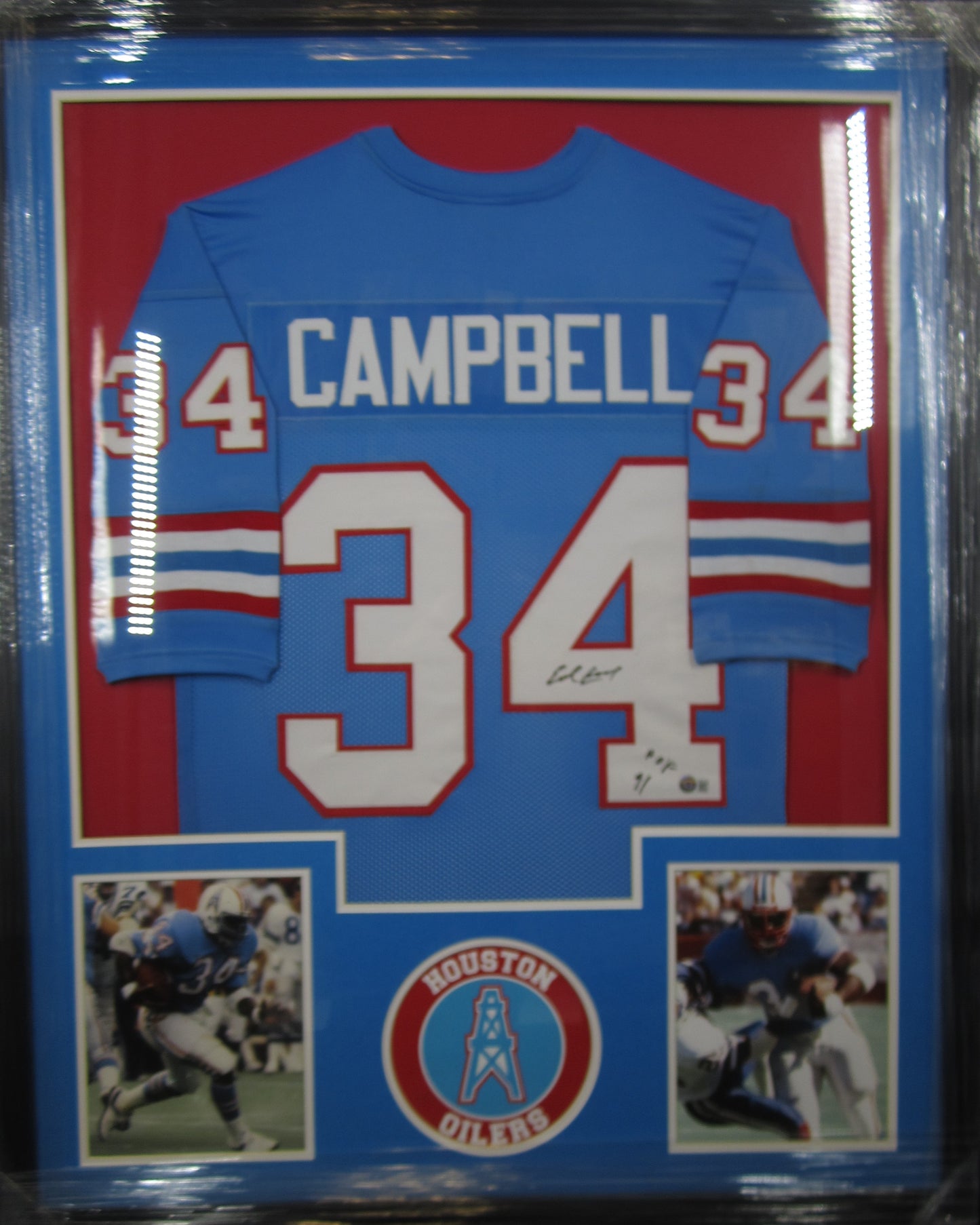 Houston Oilers Earl Campbell Hand Signed Autographed Custom Blue Jersey with HOF 91 Inscription Framed & Matted with BECKETT COA