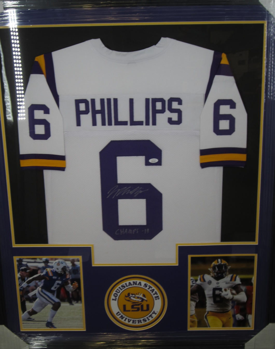 Louisiana State Tigers Jacob Phillips Signed Jersey with CHAMPS -19 Inscription Framed & Matted with JSA COA