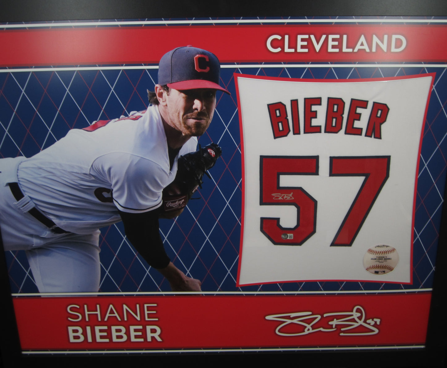 Cleveland Indians Shane Bieber Hand Signed Autographed Jersey Swatch Mounted Inside of Picture Frame with BECKETT COA