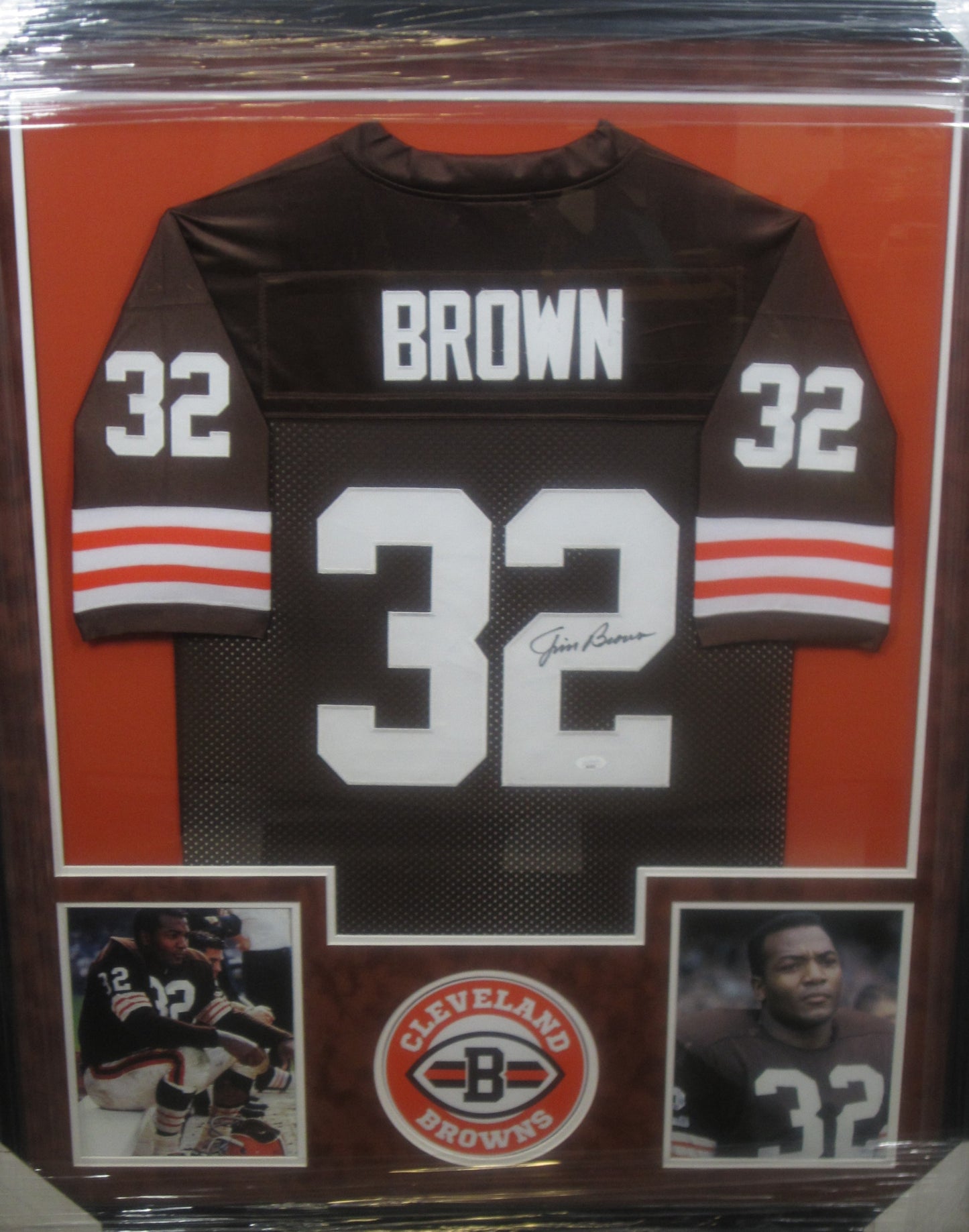 Cleveland Browns Jim Brown Hand Signed Autographed Custom Brown Jersey Framed & Suede Matted with JSA COA