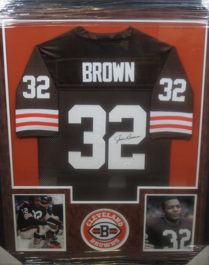 Cleveland Browns Jim Brown Hand Signed Autographed Custom Brown Jersey Framed & Suede Matted with JSA COA