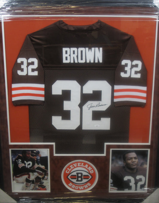Cleveland Browns Jim Brown Hand Signed Autographed Custom Brown Jersey Framed & Suede Matted with JSA COA