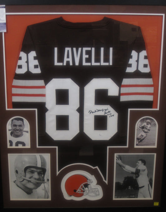 Cleveland Browns Dante Lavelli Hand Signed Autographed Custom Brown Jersey with "Gluefingers" & HOF 1975 Inscriptions Framed & Matted with JSA COA