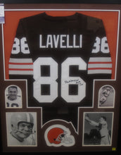 Load image into Gallery viewer, Cleveland Browns Dante Lavelli Hand Signed Autographed Custom Brown Jersey with &quot;Gluefingers&quot; &amp; HOF 1975 Inscriptions Framed &amp; Matted with JSA COA