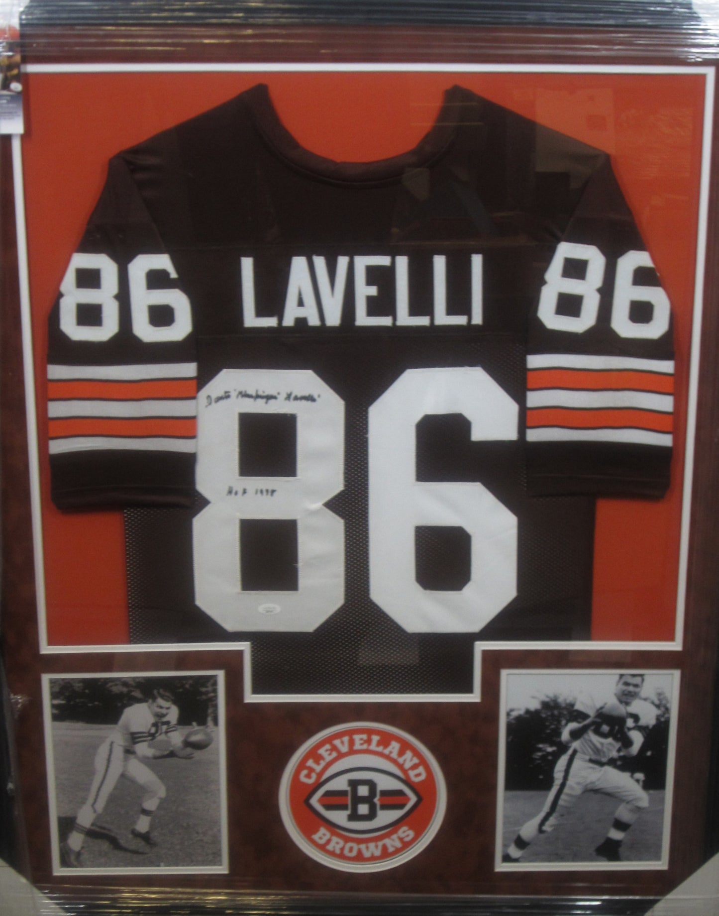 Cleveland Browns Dante Lavelli Hand Signed Autographed Custom Brown Jersey with "Gluefingers" & HOF 1975 Inscriptions Framed & Suede Matted with JSA COA