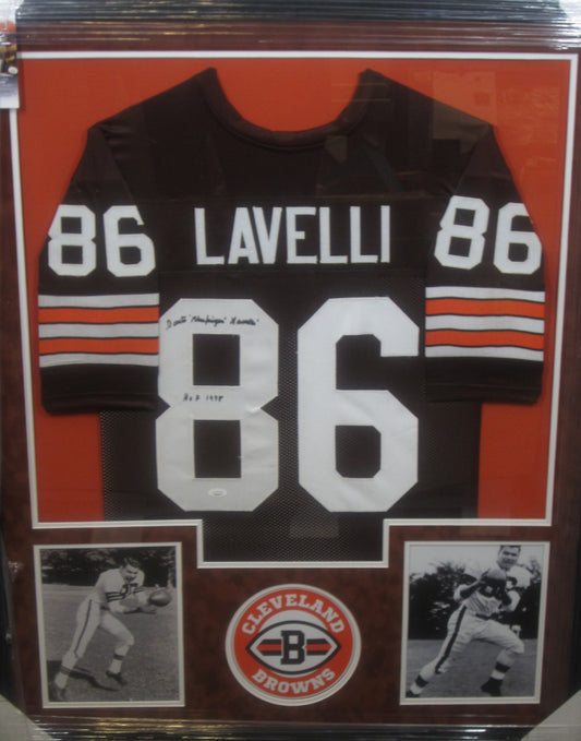 Cleveland Browns Dante Lavelli Hand Signed Autographed Custom Brown Jersey with "Gluefingers" & HOF 1975 Inscriptions Framed & Suede Matted with JSA COA