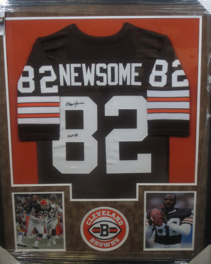 Cleveland Browns Ozzie Newsome Hand Signed Autographed Custom Brown Jersey with HOF 99 Inscription Framed & Suede Matted with JSA COA