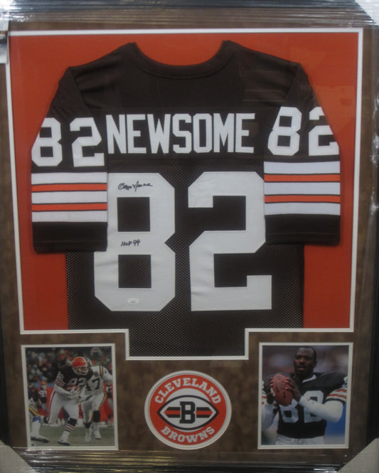Cleveland Browns Ozzie Newsome Hand Signed Autographed Custom Brown Jersey with HOF 99 Inscription Framed & Suede Matted with JSA COA