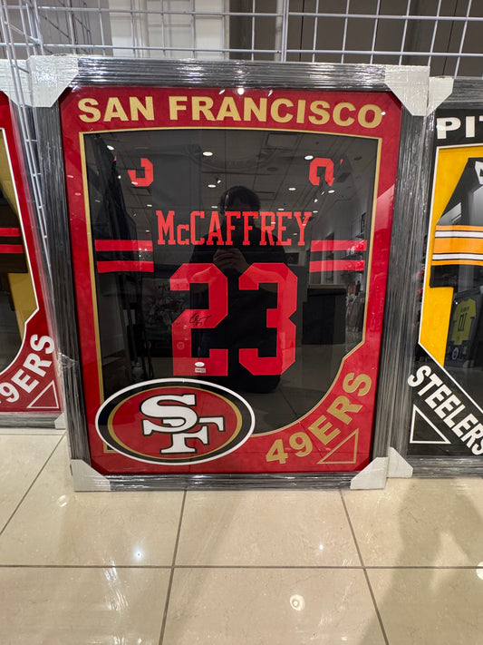 San Francisco 49ers Christian McCaffery Hand Signed Autographed Jersey Custom Framed JSA COA