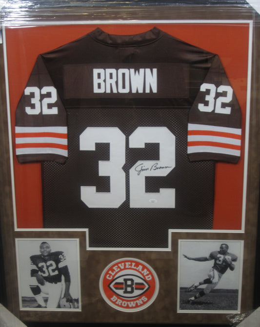 Cleveland Browns Jim Brown Hand Signed Autographed Custom Brown Jersey Framed & Suede Matted with JSA COA