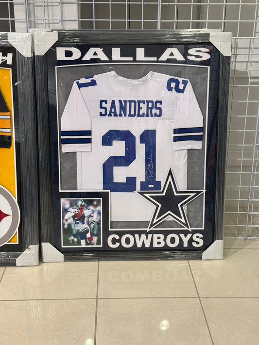 Dallas Cowboys Dion Sanders Hand Signed Autographed Jersey Custom Framed JSA COA