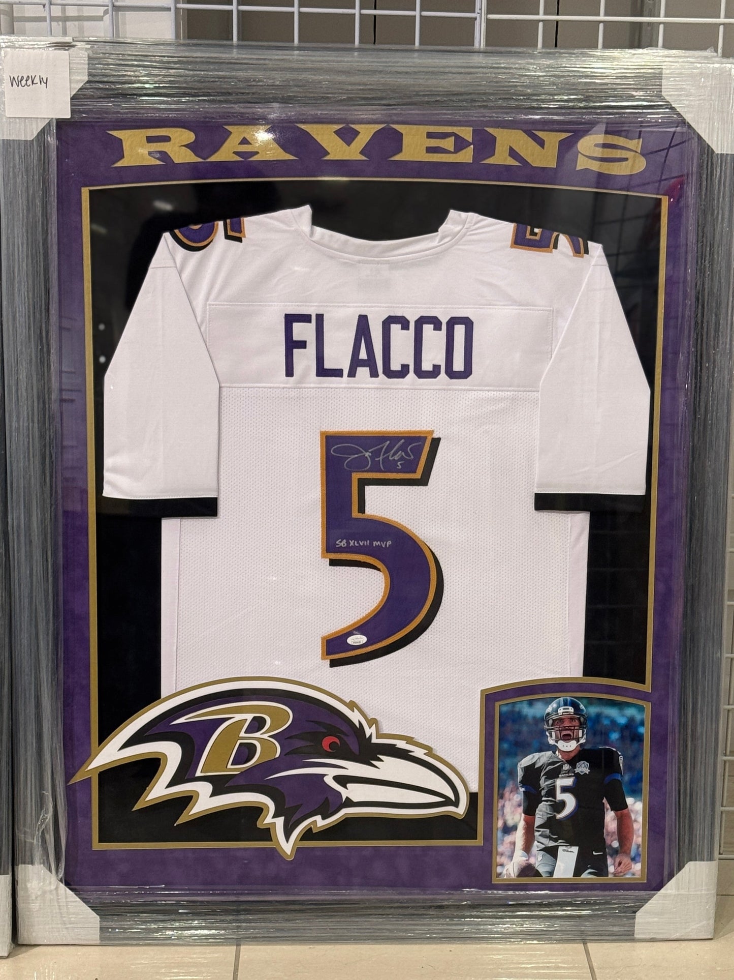 Baltimore Ravens Joe Flacco Hand Signed Autographed Custom White Jersey with SB XLVII MVP Inscription Framed with Suede Matting, XL 3D Logo, & Cutout Lettering Includes JSA COA