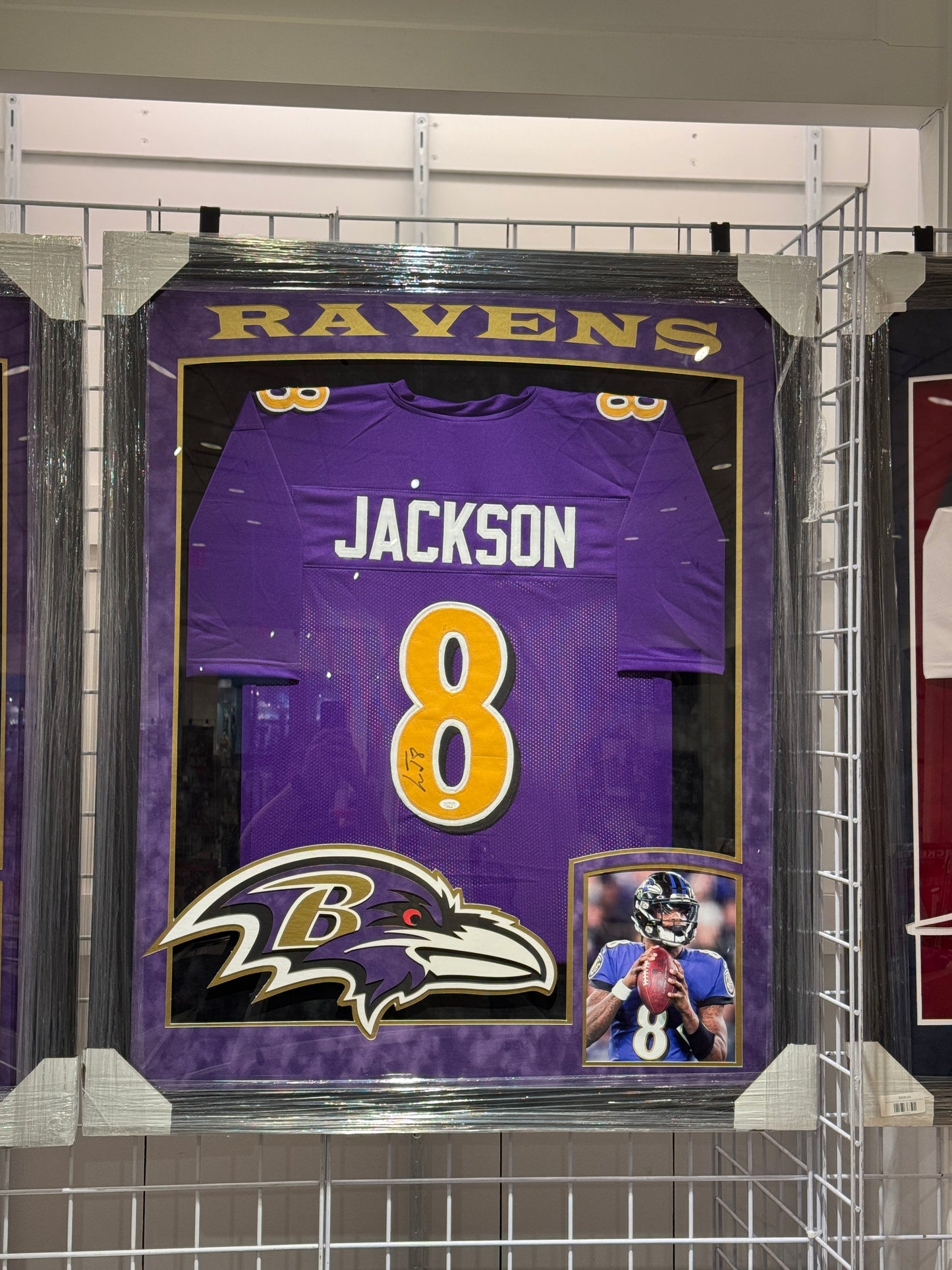 Baltimore Ravens Lamar Jackson Hand Signed Autographed Custom Purple Jersey Framed with Suede Matting, XL 3D Logo, & Cutout Lettering Includes JSA COA
