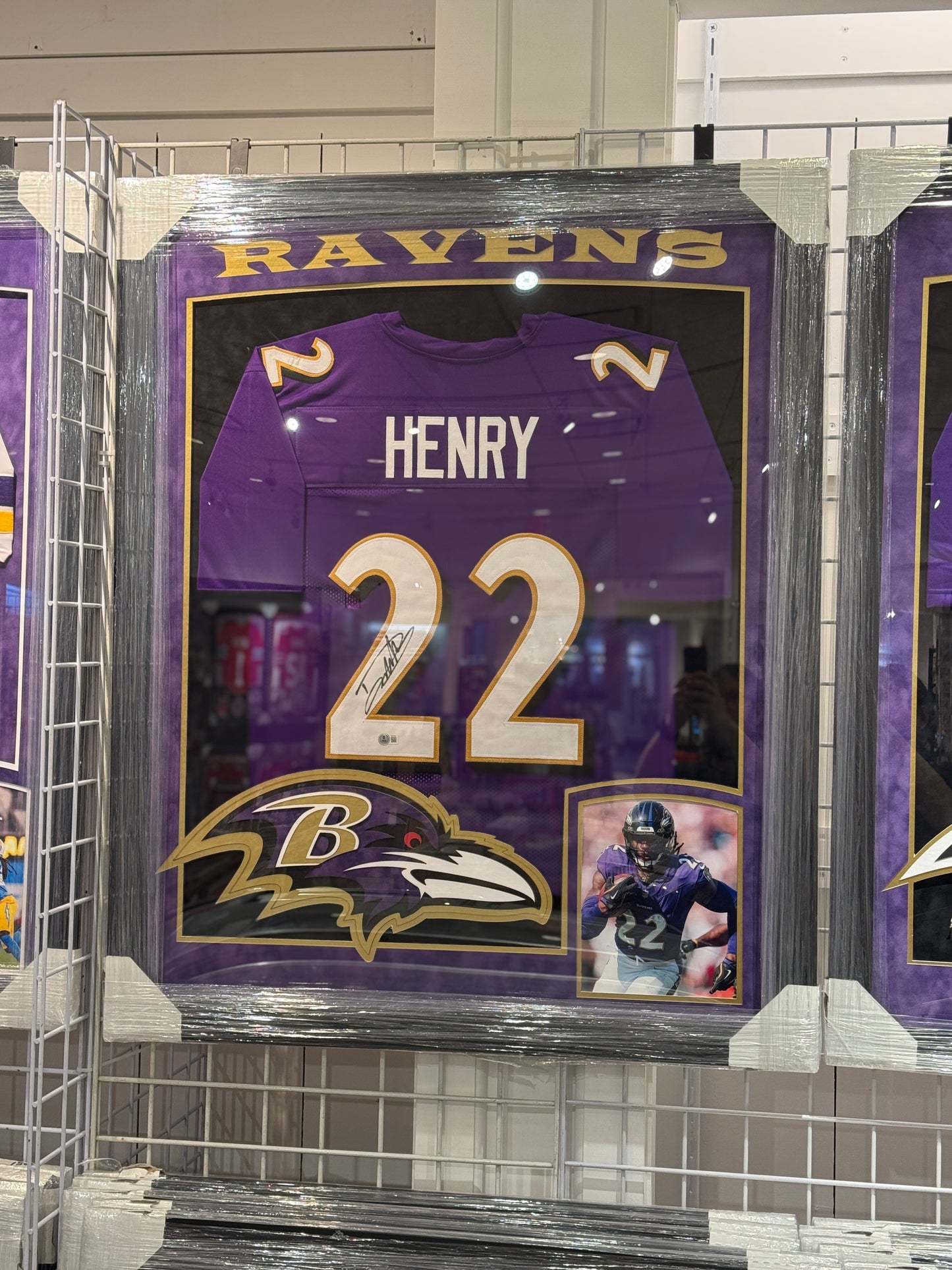 Baltimore Ravens Derrick Henry Hand Signed Autographed Custom Purple Jersey Framed with Suede Matting, XL 3D Logo, & Cutout Lettering Includes Beckett COA
