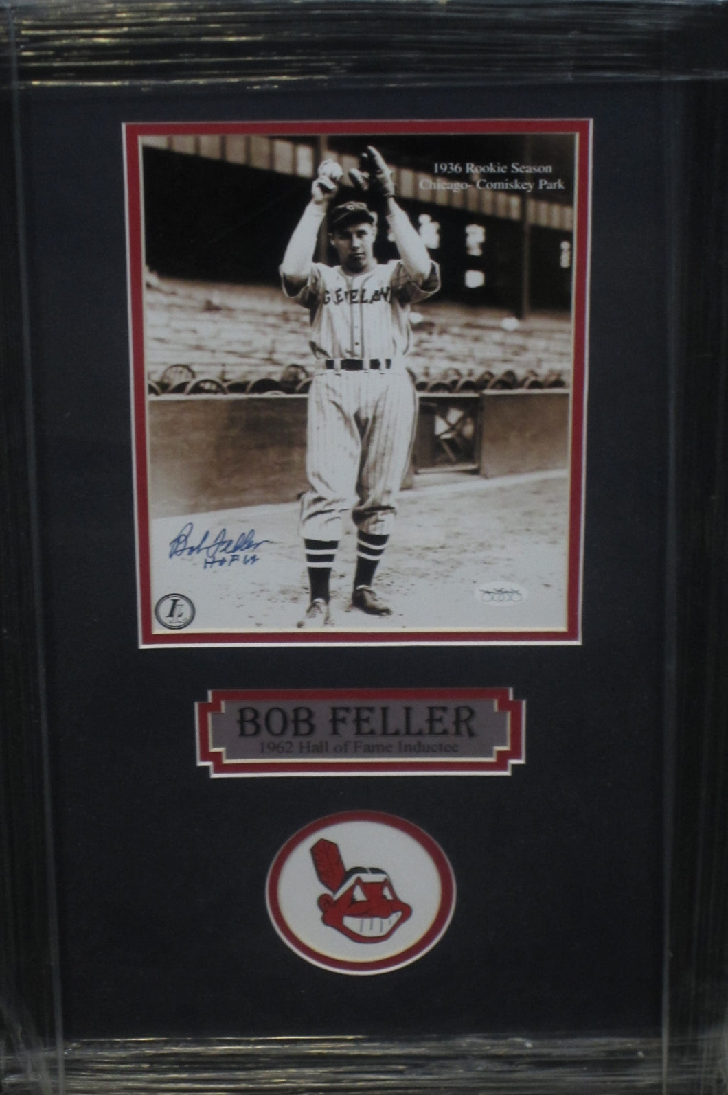 Cleveland Indians Bob Feller Signed 8x10 Photo with HOF 62 Inscription Framed & Matted with JSA COA